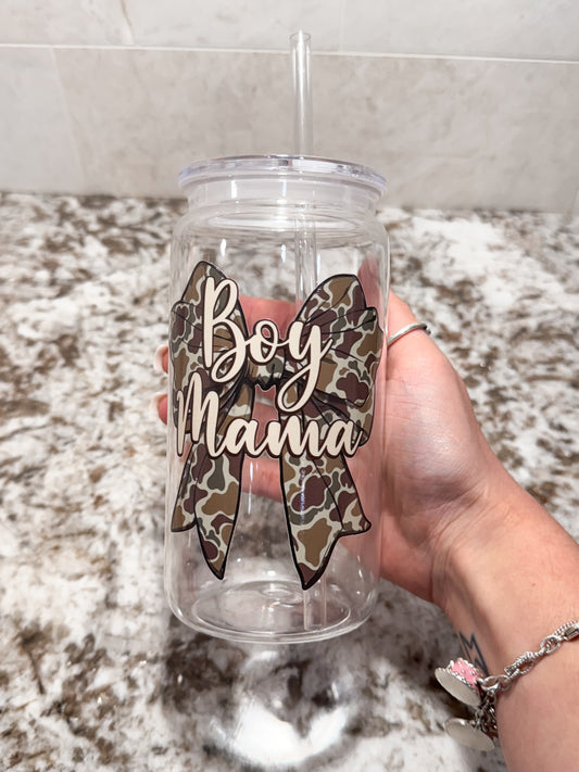 Camo Bow Boy Mama Plastic 19 oz can