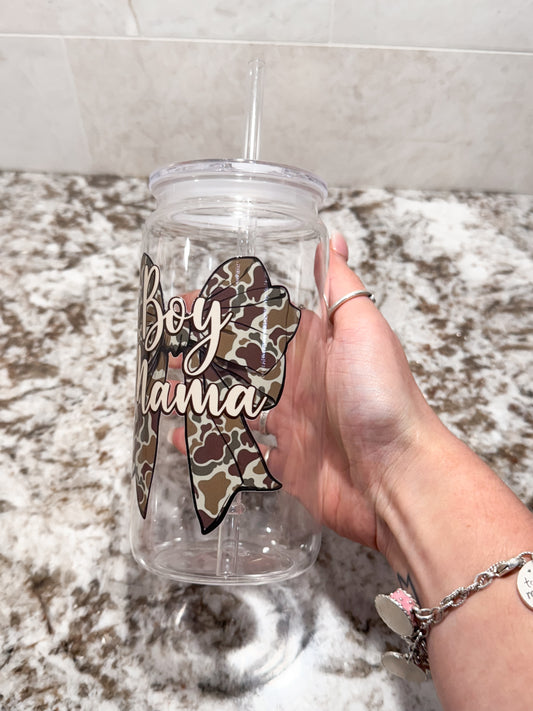 Camo Bow Boy Mama Plastic 19 oz can